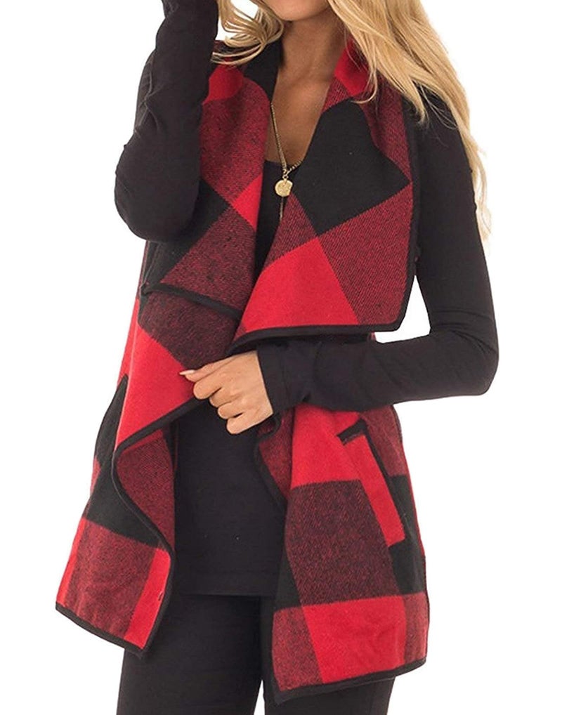 Mannice Womens Casual Lapel Open Front Plaid Vest Cardigan Coat with Pockets Sleeveless Fashion Buffalo Plaid Outerwear Vests Plus Size Vintage Fall Cardigan Vest Shacket (Red, M) - Image 1